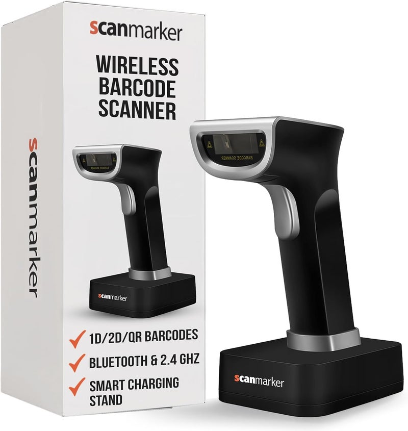 Scanmarker 1D/2D Wireless Barcode Scanner – Boost Speed & Accuracy with Bluetooth & 2.4G Modes – Handheld QR Code Scanner with Charging Stand for Easy scanning on Laptop, iOS & Android - Image 1